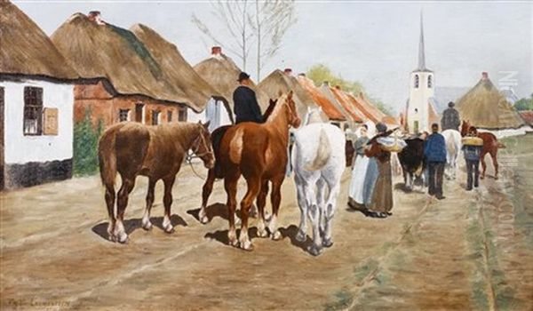 Horses In A Village Oil Painting by Frans Van Leemputten