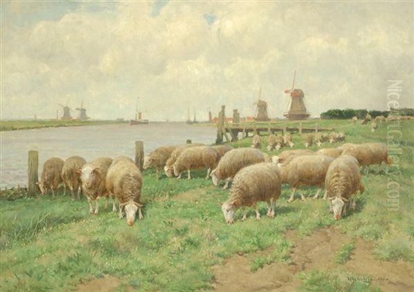 Sheep Grazing By A River With Windmills In The Background Oil Painting by Frans Van Leemputten