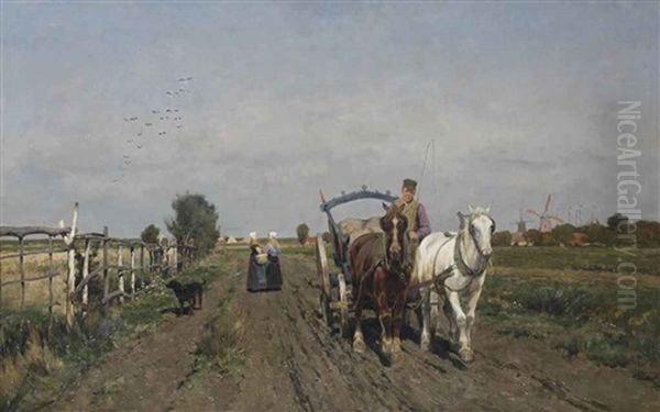 Horses On A Path Oil Painting by Frans Van Leemputten