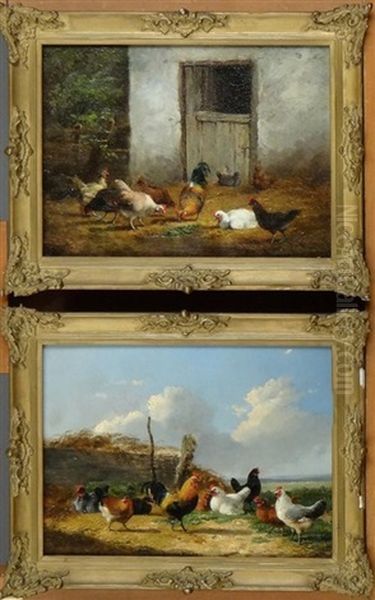 Basse-cour Et Paysage Poules Et Coq (2 Works) Oil Painting by Frans Van Leemputten