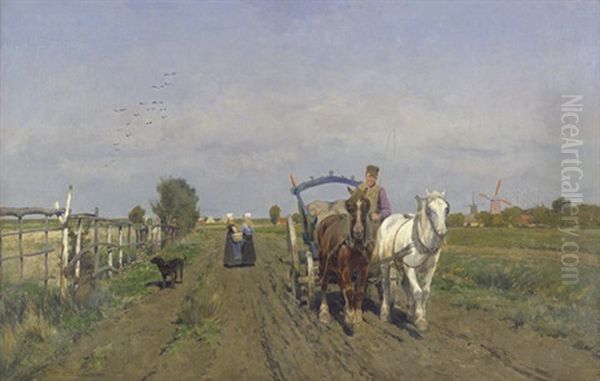 Feldweg Mit Jungen Bauern Auf Einem Pferdefuhrwerk, Im Hintergrund Zwei Bauernmagde Oil Painting by Frans Van Leemputten