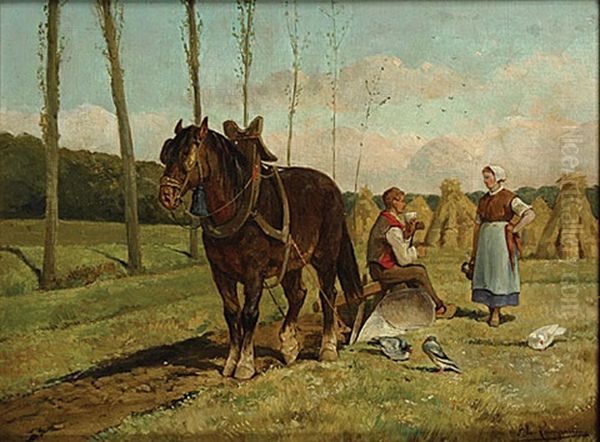 Koppel Met Trekpaard Oil Painting by Frans Van Leemputten