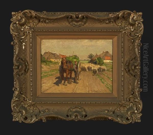 View Of A Country Road With A Herder And His Flock Oil Painting by Frans Van Leemputten