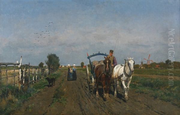 Feldweg Mit Pferdefuhrwerk Und Personenstaffage Mit Weitem Blick In Die Caminer Landschaft Oil Painting by Frans Van Leemputten