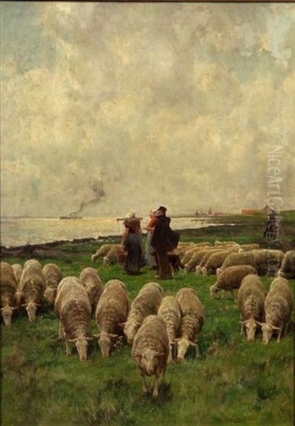 Grazing Flock On The Shore Oil Painting by Frans Van Leemputten