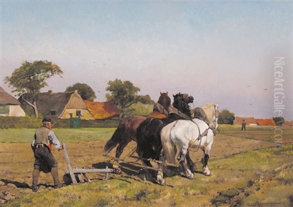 Ploegende Boer Oil Painting by Frans Van Leemputten