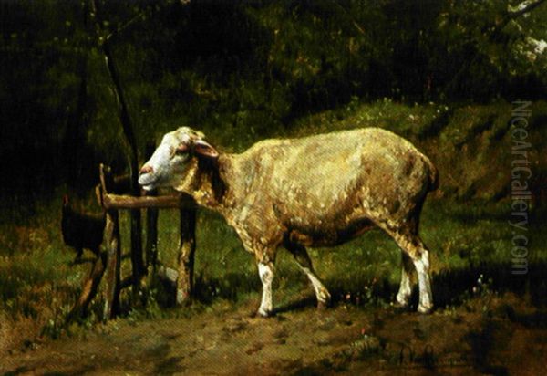 Landschap Met Schaap En Kip Oil Painting by Frans Van Leemputten