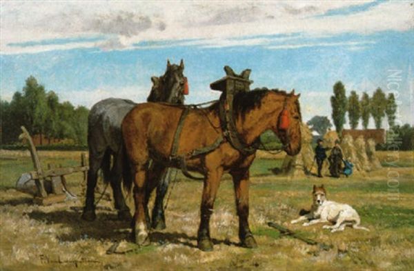 Rustende Paarden Op Het Veld Oil Painting by Frans Van Leemputten