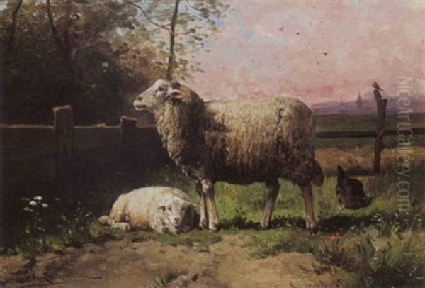 Sheep In A Landscape Oil Painting by Frans Van Leemputten