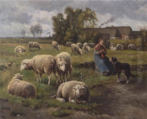 Bauerin Mit Schafen Auf Der Weide Oil Painting by Frans Van Leemputten