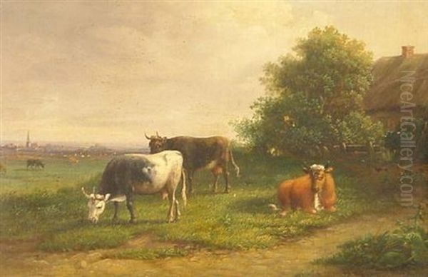 Weidendes Vieh Vor Kate In Sommerlicher Landschaft, Im Hintergrund Die Silhouette Einer Stadt Oil Painting by Frans Van Leemputten