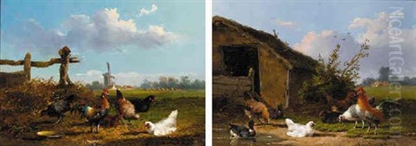 Chickens In A Landscape With Distant Windmill Oil Painting by Frans Van Leemputten