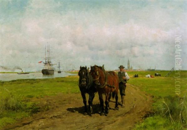 Bauer Mit Pferden An Der Schelde - Im Hintergrund Antwerpen Mit Der Oude Kerk Oil Painting by Frans Van Leemputten