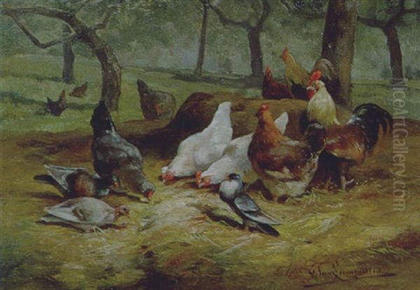 Federvieh Im Obstgarten Oil Painting by Frans Van Leemputten