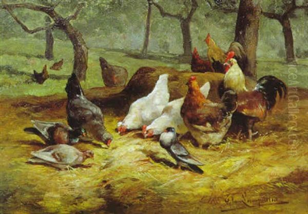 Federvieh Im Obstgarten Oil Painting by Frans Van Leemputten