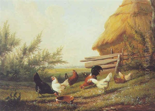 Poultry In A Yard Oil Painting by Frans Van Leemputten