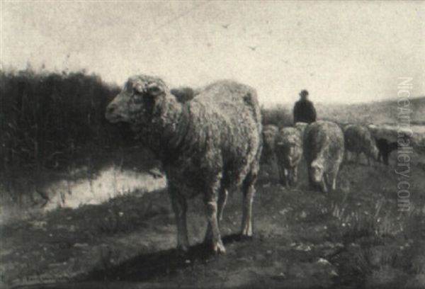 Sheep In A Landscape Oil Painting by Frans Van Leemputten