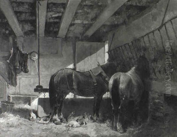 Horses In A Stable Oil Painting by Frans Van Leemputten