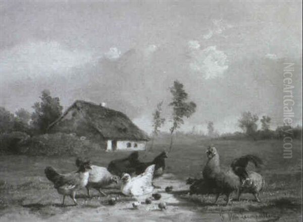 Hahn, H_hner Und K_ken In Einer Wiesenlandschaft, Dahinter Eine Kate Oil Painting by Frans Van Leemputten