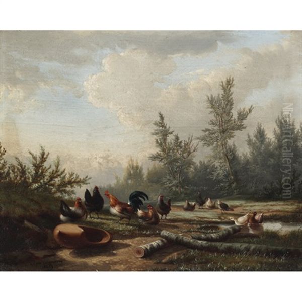 Poultry And Ducks By A Pond Oil Painting by Jean-Baptiste Leopold van Leemputten