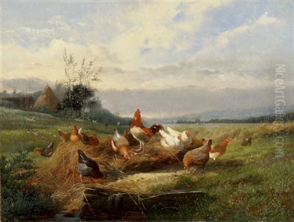 Huhner Und Hahn In Sommerlicher Landschaft Mit Heuhaufen Oil Painting by Jean-Baptiste Leopold van Leemputten