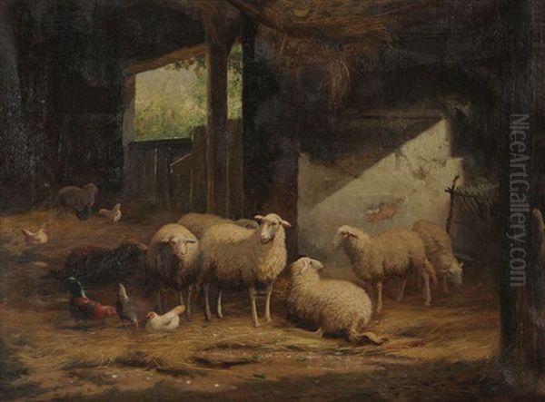 Moutons Et Poules Dans L'etable Oil Painting by Jean-Baptiste Leopold van Leemputten