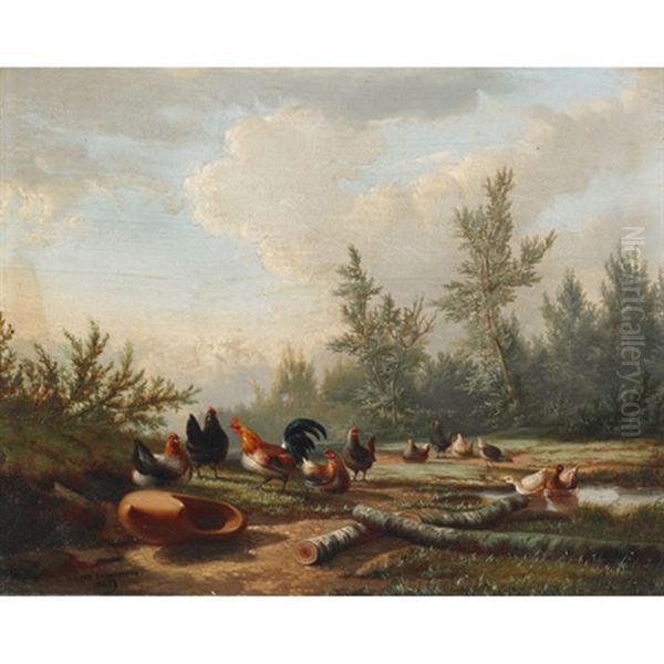 Poultry And Ducks By A Pond Oil Painting by Jean-Baptiste Leopold van Leemputten