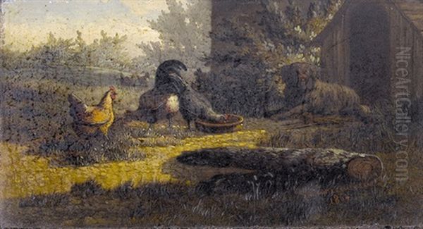 Huhner Mit Hund Vor Einer Hutte Oil Painting by Jean-Baptiste Leopold van Leemputten