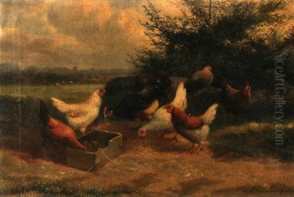 Huhner Am Bachlauf (+ Ganse; Pair) Oil Painting by Jean-Baptiste Leopold van Leemputten