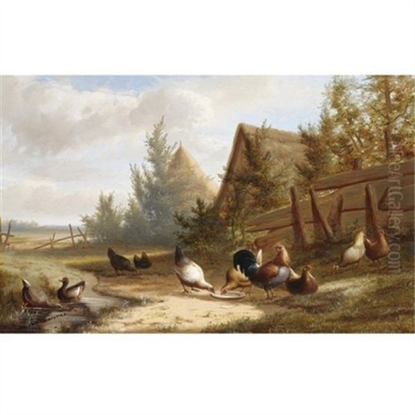 Poultry In A Summer Landscape Oil Painting by Jean-Baptiste Leopold van Leemputten