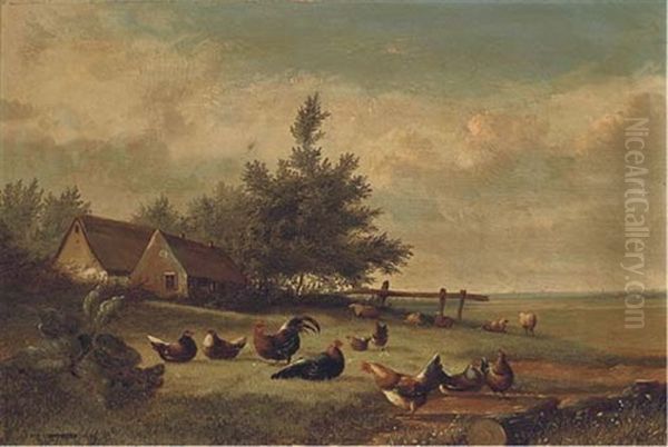 Hens And Cockerels Beside A Cottage With Sheep Beyond Oil Painting by Jean-Baptiste Leopold van Leemputten