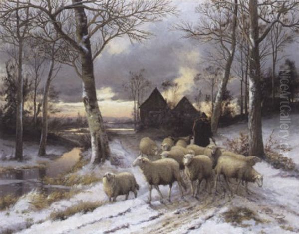 Herder In De Sneeuw by Jean-Baptiste Leopold van Leemputten