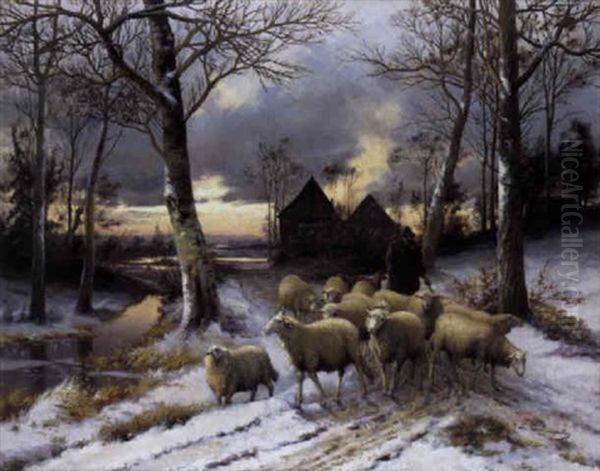 Herder In De Sneeuw Oil Painting by Jean-Baptiste Leopold van Leemputten