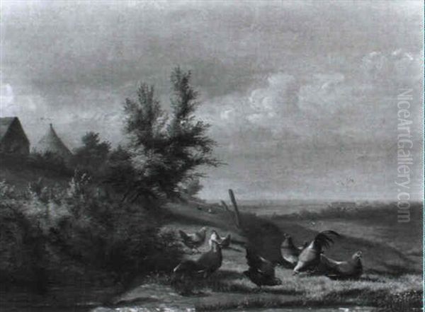 Weite Landschaft Mit Scharrenden Huhnern Oil Painting by Jean-Baptiste Leopold van Leemputten