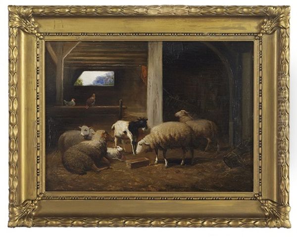 Sheep, Chickens And Goat In The Stable Oil Painting by Jef Louis Van Leemputten