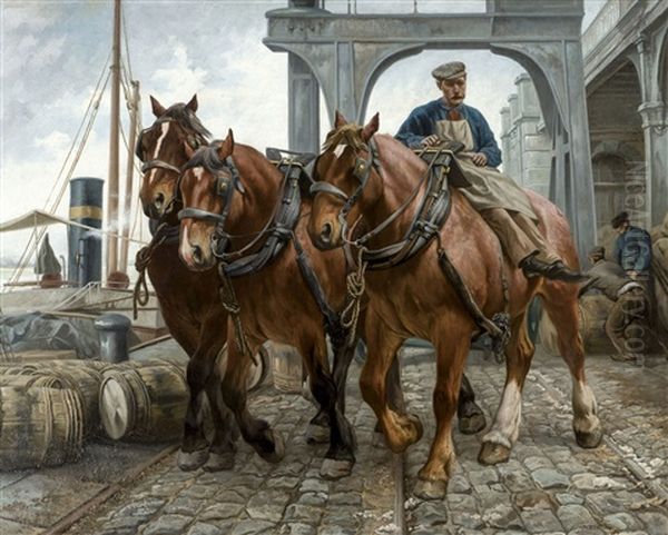 Antwerp Harbour Horses Oil Painting by Jef Louis Van Leemputten