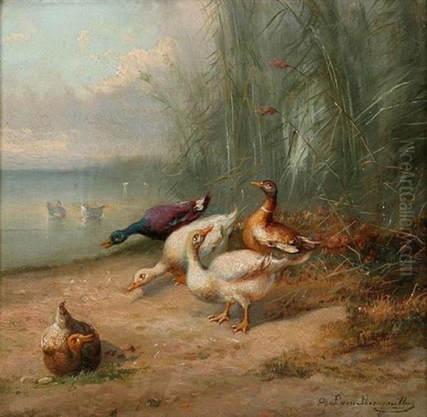 Ducks By The Water Oil Painting by Jef Louis Van Leemputten