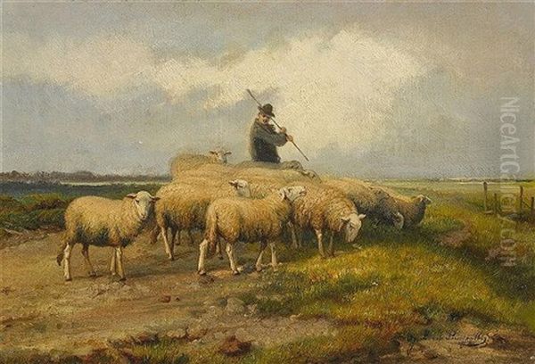 Schafer Mit Herde Auf Der Weide Oil Painting by Jef Louis Van Leemputten