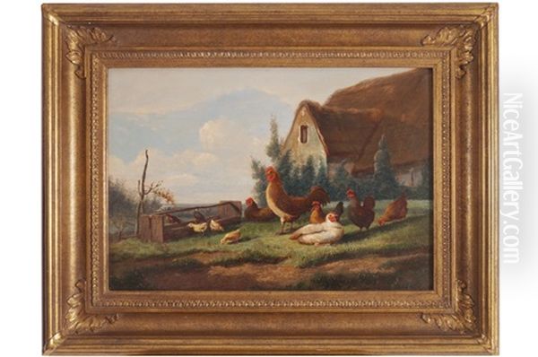 Chickens In A Farmyard Oil Painting by Jef Louis Van Leemputten