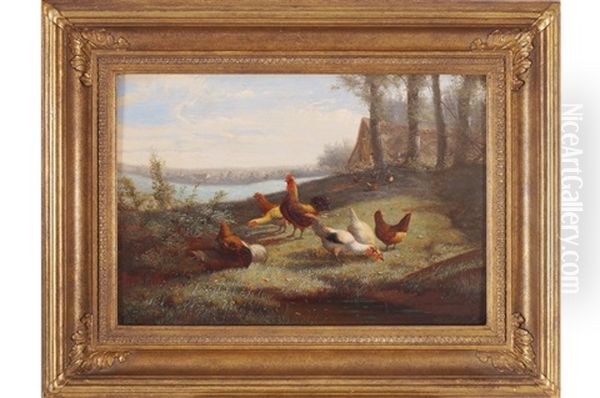 Chickens In A Farmyard Oil Painting by Jef Louis Van Leemputten