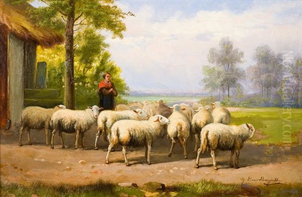 Le Depart Des Moutons Oil Painting by Jef Louis Van Leemputten