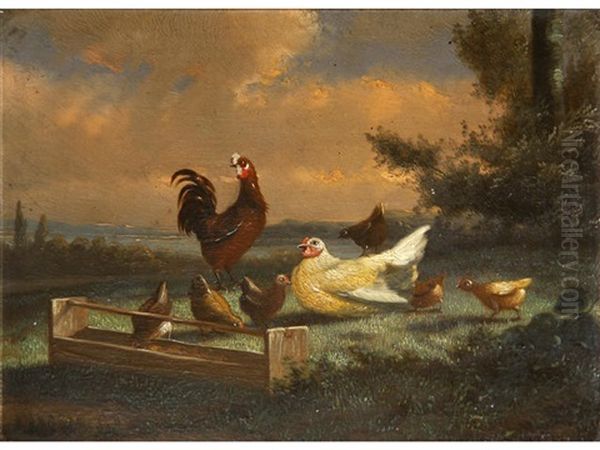 Hens And Chicks In A Field; Ducks And Hens By A Pond; And Another Cockerel And Two Hens In A Barn Oil Painting by Jef Louis Van Leemputten