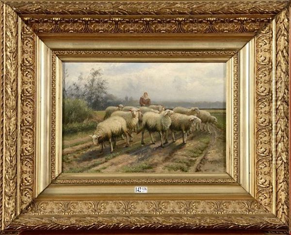 Bergere Et Son Troupeau Sur Un Chemin De Campagne Oil Painting by Jef Louis Van Leemputten