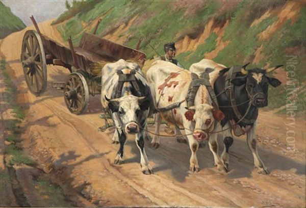 Paysage Accidente Anime D'un Paysan Avec Char Attire Par Trois Vaches Oil Painting by Jef Louis Van Leemputten