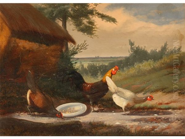 Chickens Feeding Beside Barns With A Landscape Beyond (pair) Oil Painting by Jef Louis Van Leemputten