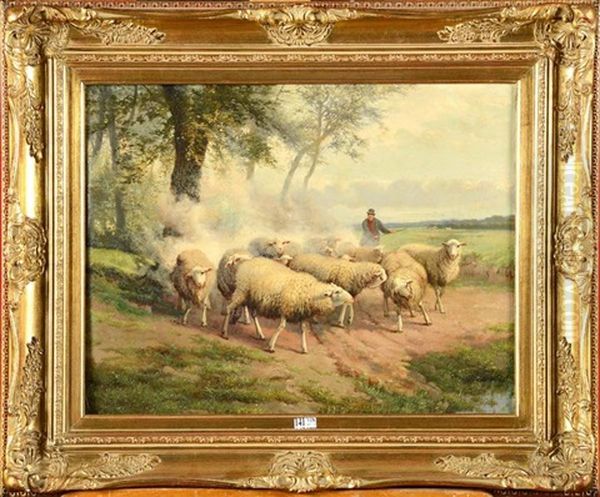 Troupeau De Moutons Et Son Berger Oil Painting by Jef Louis Van Leemputten