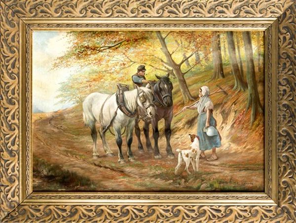 Bauer Mit Pferden Begegnet Einer Magd Im Wald Oil Painting by Jef Louis Van Leemputten