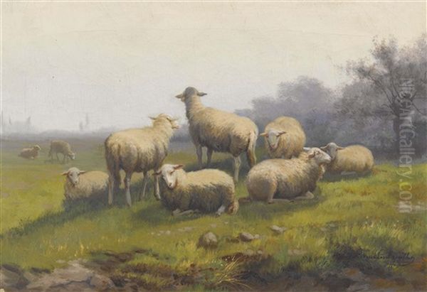 Schafherde Auf Der Weide Oil Painting by Jef Louis Van Leemputten