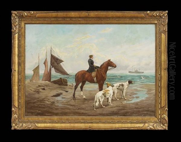 Lady On Horseback With Her Borzois On The Beach Oil Painting by Jef Louis Van Leemputten