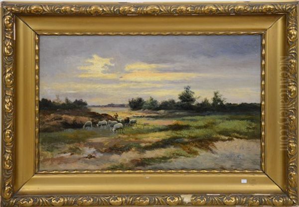 Paysage Avec Moutons Oil Painting by Jef Louis Van Leemputten